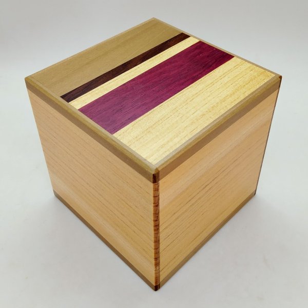 Photo1: 14 steps Natural wood 4 sun Cube Japanese puzzle box Himitsu-bako 202409 (1)